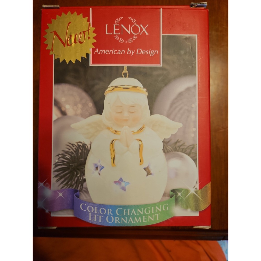 Lenox Color Changing Lit Angel Ornament Porcelain Gold Trim with Box Works (1)